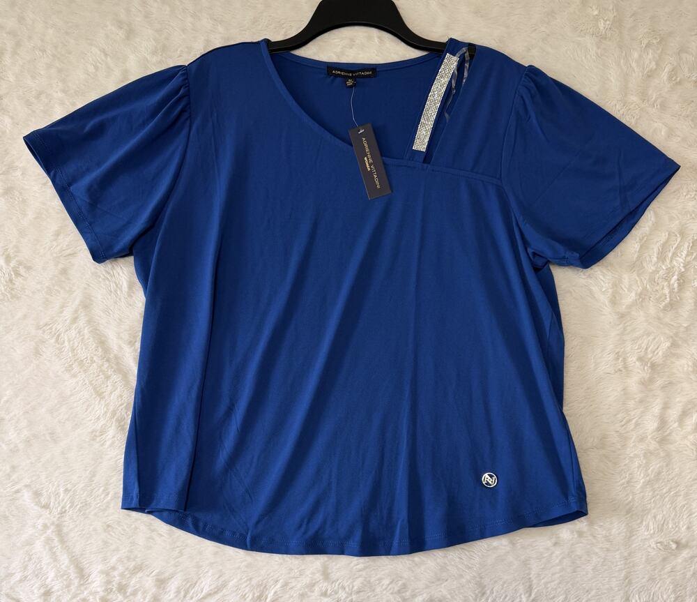 NWT Adrienne Vittadini Royal Blue Top Womens 2X Rhinestone Cutout Short Sleeve